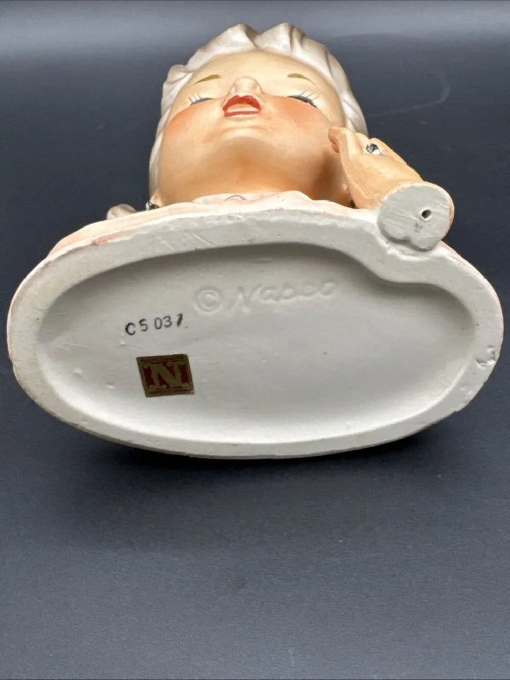 VTG 50’s Head Vase Pink Ponytail Pearl Earring Engagement Ring Bow Girl Ceramic